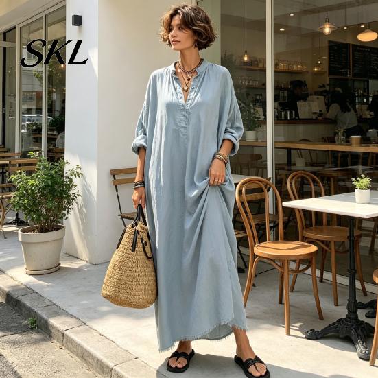 Casual Dress Summer Maxi for Women, V-Neck Oversized Boho Long Women Dress, Sleeve Button Up Vacation Sundress with Pockets Party