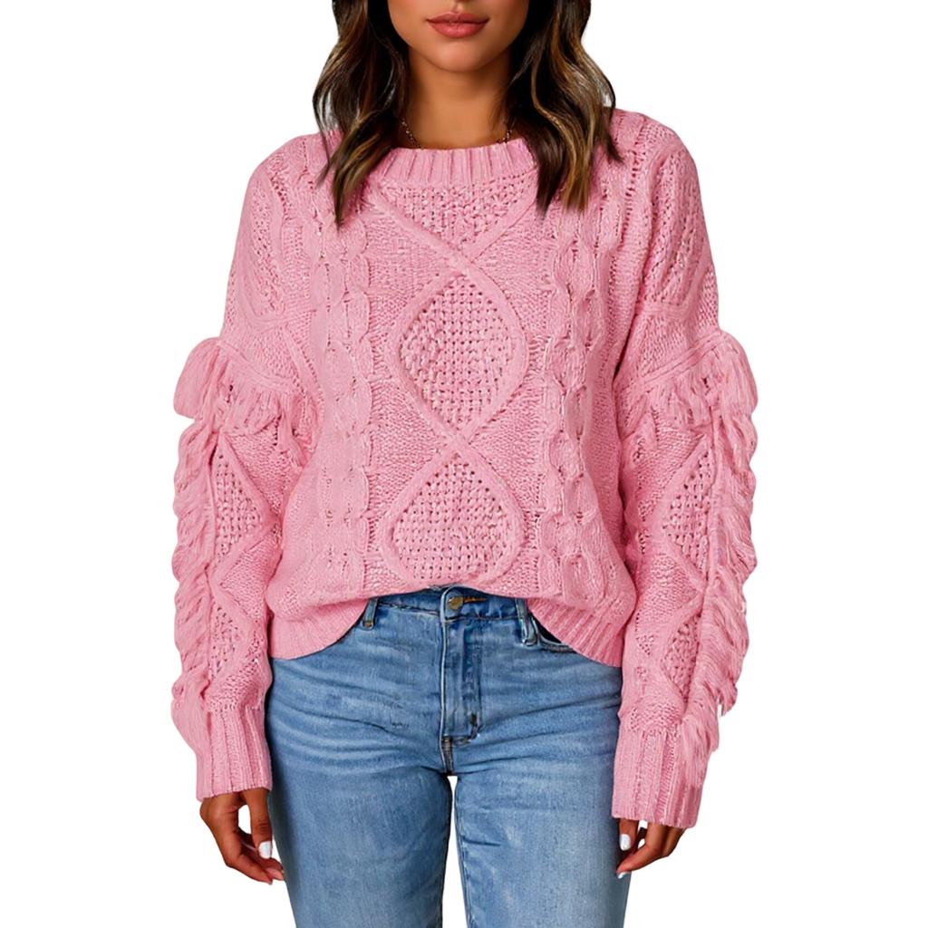 Women's Winter Loose Diamond Tassel Solid Color Pullover Round Neck Knitted Sweater