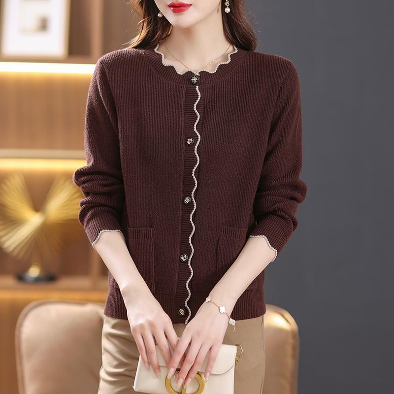 Spring and Autumn Clothing Mom Clothing Fashion Temperament Lace Contrast Color Crew Neck Knitted Cardigan Sweater Women
