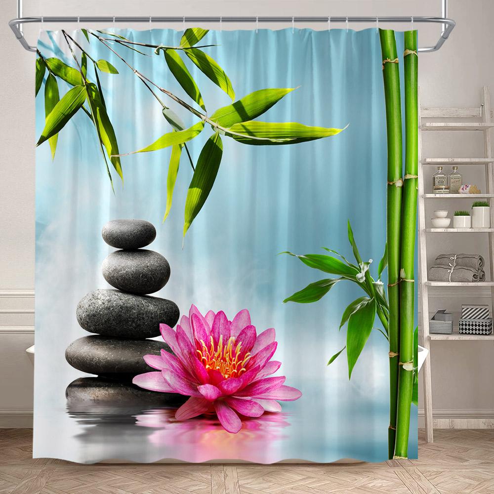 Rideaux de douche Zen Bambou Vert Orchidée Pourpre Lotus Papillon Paysage Spa Accrochage Mural Domestique Tissu Rideau de Salle de Bain Décoratif