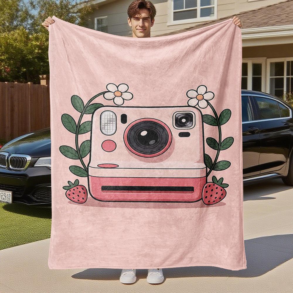 1pc Camera Strawberry Outdoor Flannel Blanket Soft Warm All-Season Throw for Sofa Bed Car Camping Office, Cozy Gift Idea1197S