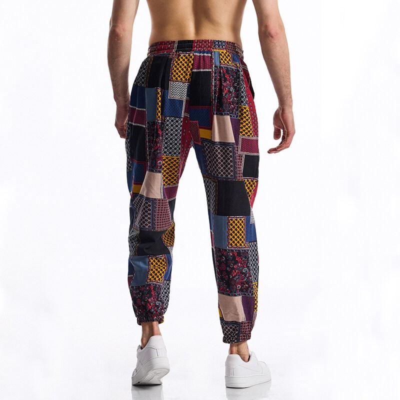 Pánské lněné kalhoty s boho kmenovým potiskem, bavlněné letní ležérní stahovací kalhoty pro venkovní sport, běžecké jogger tepláky