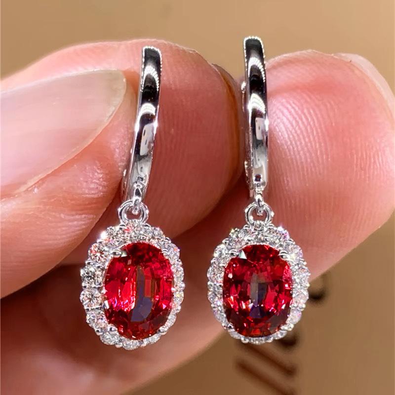 Oval Blue/Red Cubic Zirconia Dangle Earrings for Women Luxury Silver Color Wedding Accessories Elegant Lady Trend Jewelry