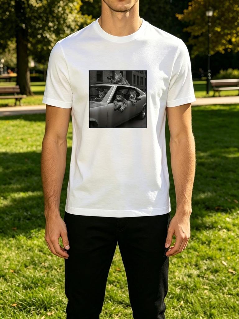 Unisexs Tee Gangster Cats Retro Car Graphic Print Cotton Short Sleeve Streetwear Male Summer Daily Casual Outdoor Basic Fashion Top