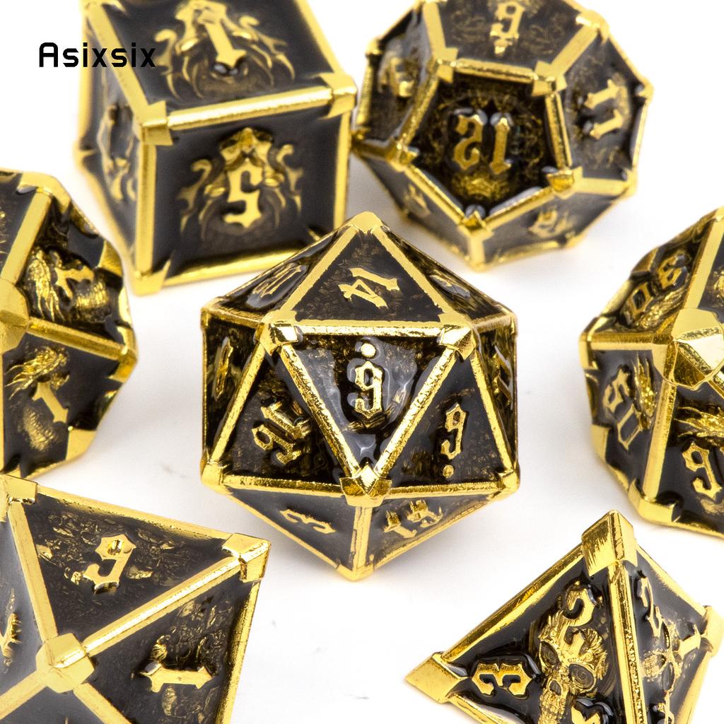 7 Pcs Black Golden Skull Metal Dice Solid Metal Polyhedral Dice Set Suitable for Role-Playing RPG Board Game Card Game