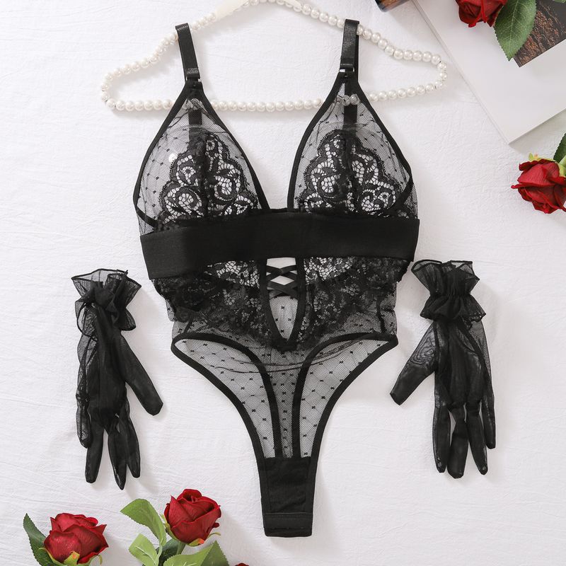 Open Crotch Free off Convenient Style Polka Dot Seduction Lace Jumpsuit Sexy Low Cut without Steel Ring One-Piece Base Tops