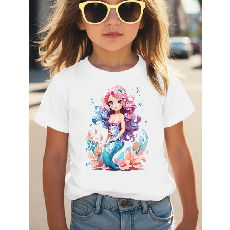Girls Crewneck Summer Tee, Cute Cartoon Mermaid Princess Print Sweet Versatile Casual Short Sleeve Kids Top 110