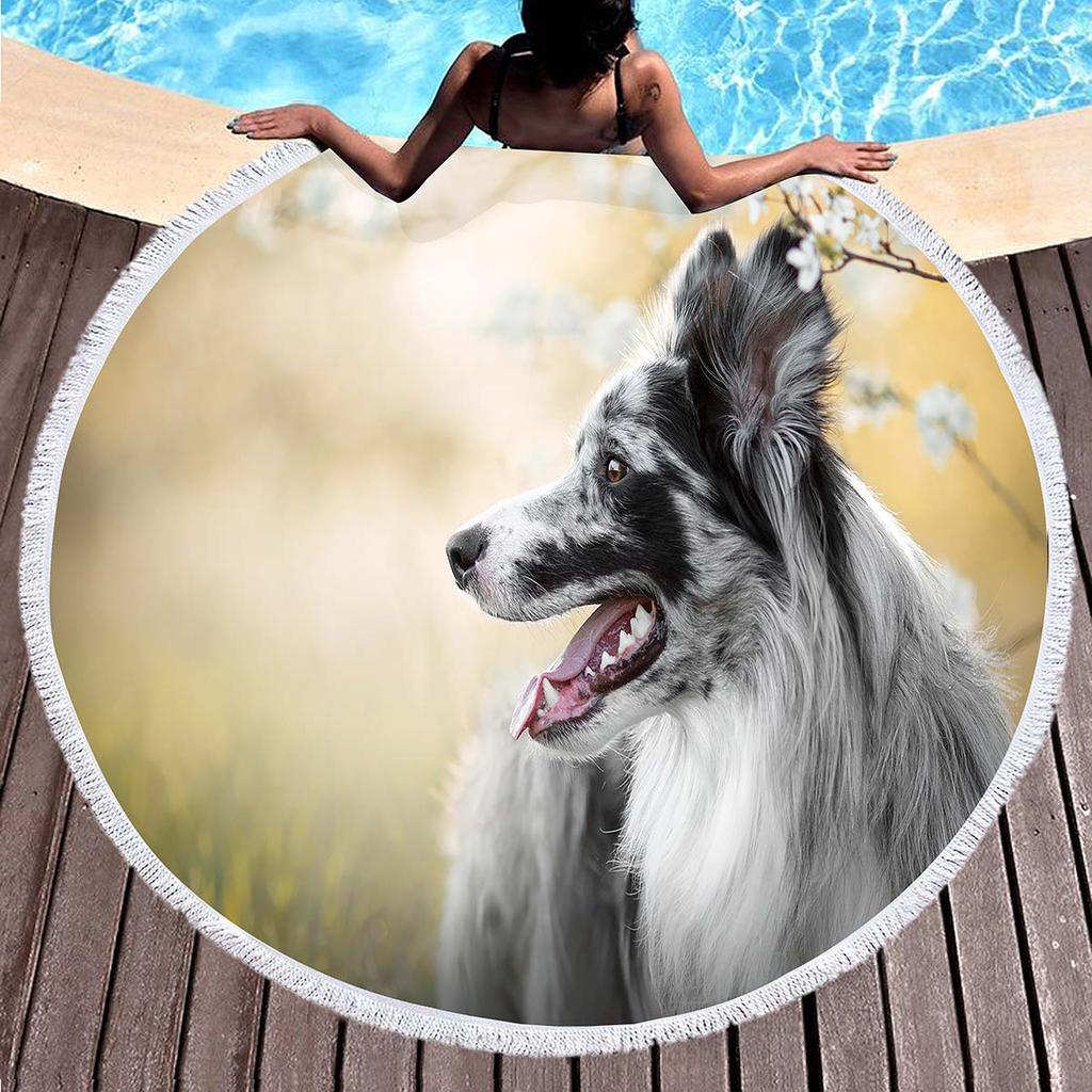 Cute Pet Dog Border Collie Round Beach Towel,Sand Free Beach Blanket Picnic Mat for Bathroom Pool Surf Travel Outdoor Meditation