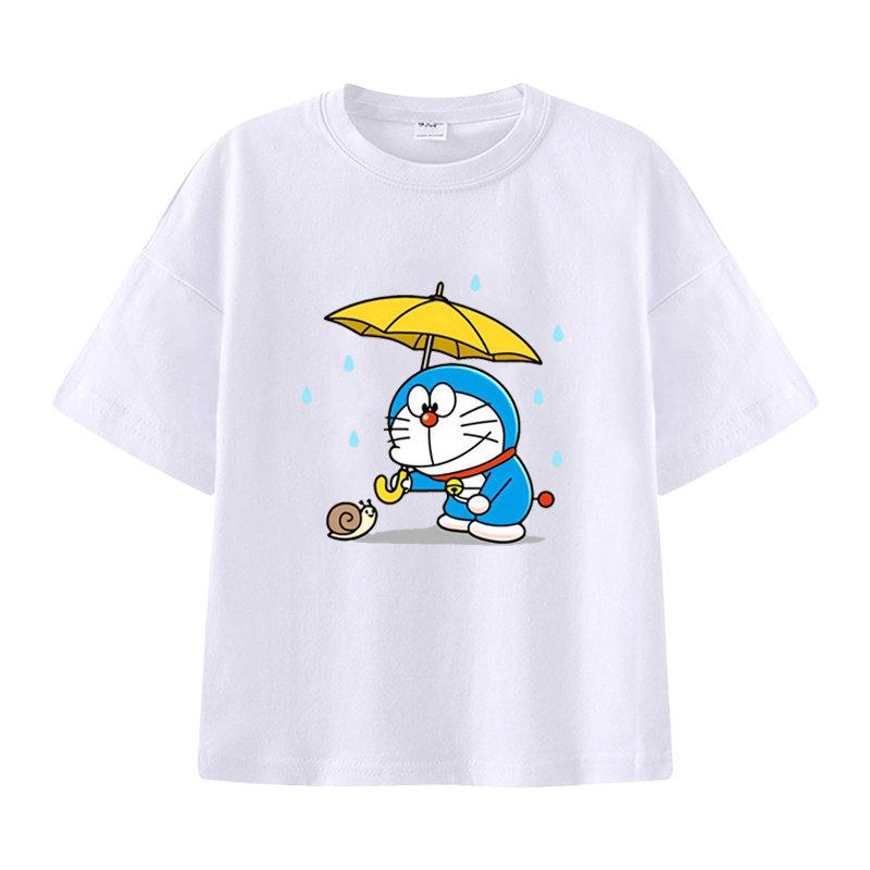 Pure Cotton Childrens Shortsleeved Tshirt for Summer Boys and Girls Halfsleeved Childrens Clothing with Doraemon Pattern