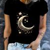 Women's Starry Sky and Moon Print T-Shirt Elegant Crew Neck Short Sleeve Top Celestial Printed Fashion Summer Casual Clothing