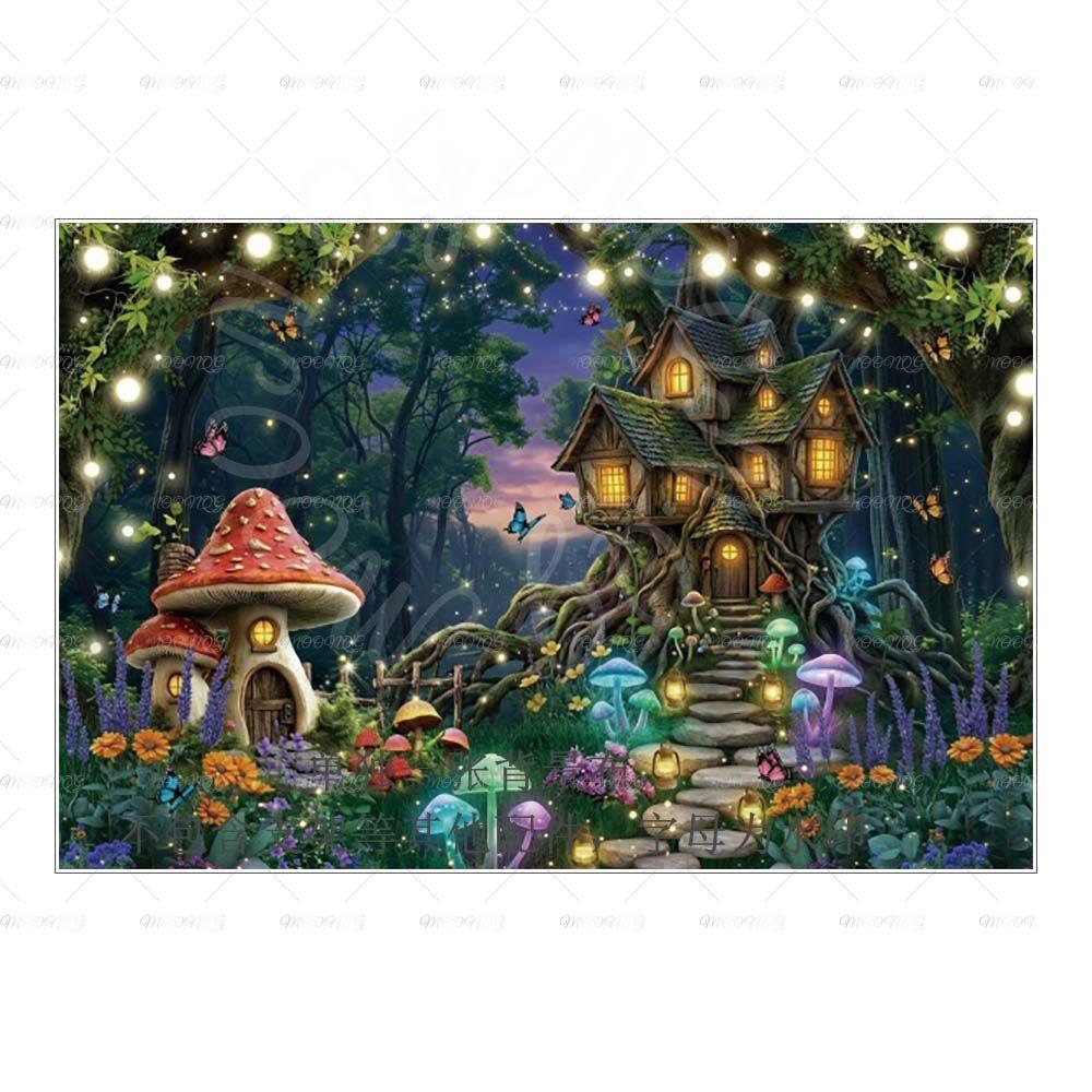 Dreamy Fairy Tale Forest Mushroom House Photography Background Cloth - Children's Birthday Party Decorative Wall Background