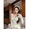 Pure Desire Sexy V-neck Women's Autumn Winter Rich Lady's Bell Sleeve Lace Bottoming Top