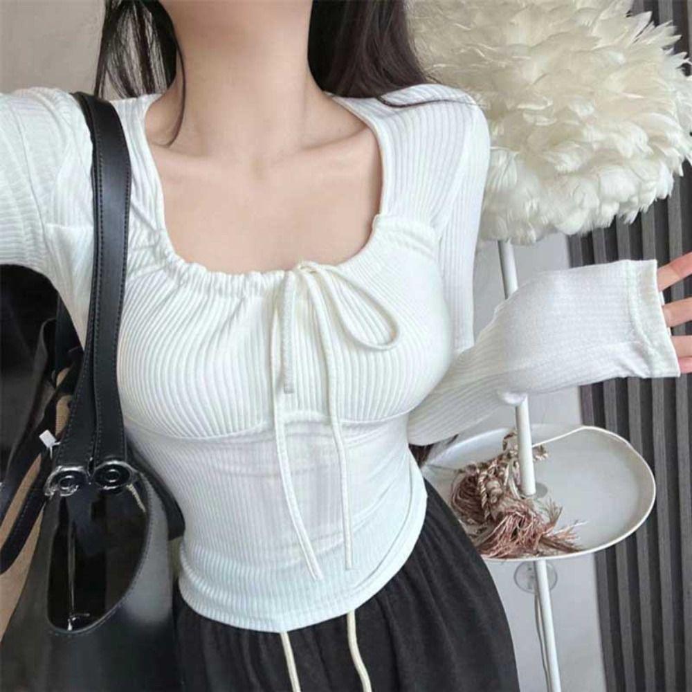 Thin Sweet Slim Tops Square Neck Lace Up T-shirt All-Match Long Sleeve T-shirt  Girls