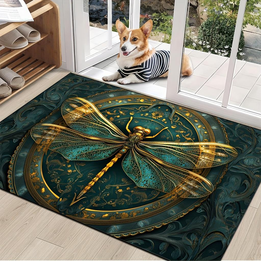 Teal Gold Dragonfly Mandala Print Carpet Plush Flannel Rug Living Room Bedroom Home Decor Area Rug Non Slip Floor Mat