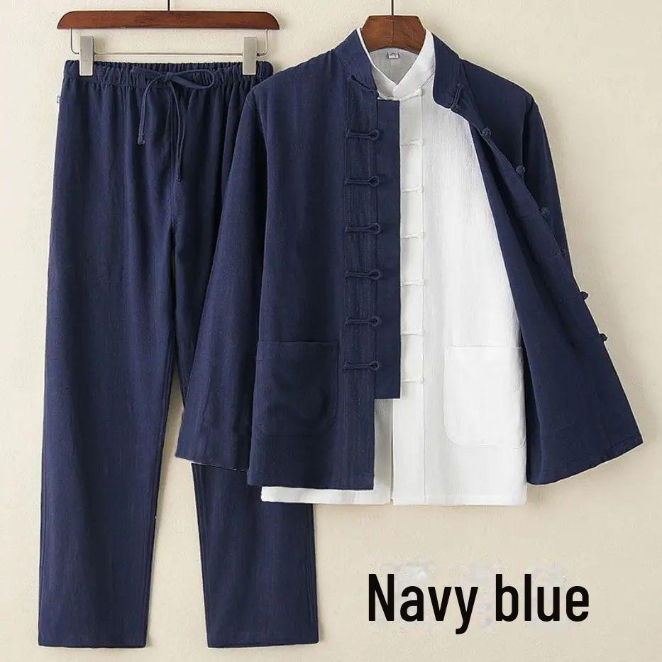 Spring/Summer Vintage Chinese Tang Suit: Classic Button-Down Cotton Linen Two-Piece with Stand Collar for Middle-Aged Men