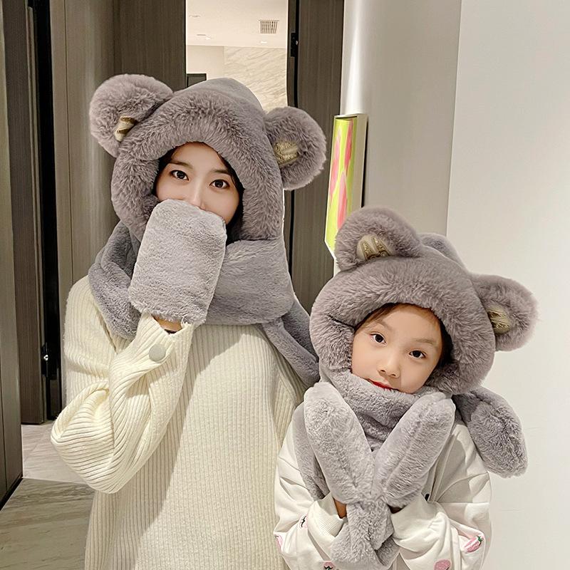 Plush hat female autumn and winter bear ears ear protection scarf gloves integrated thermal pullover windproof hat