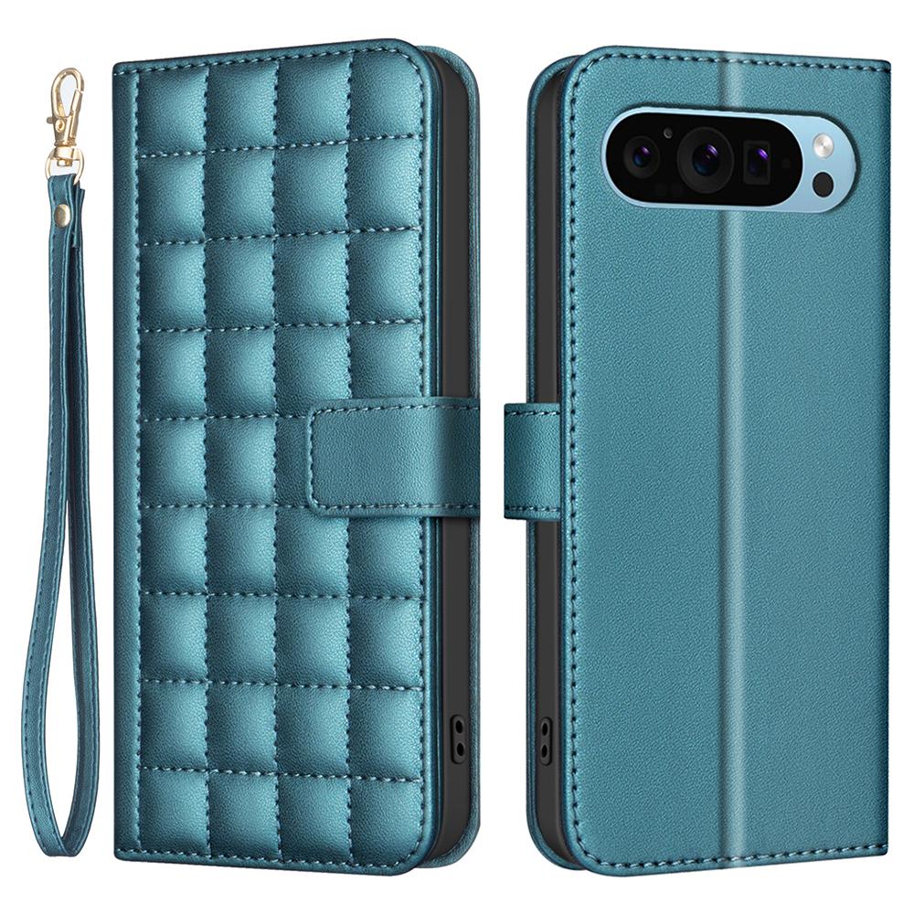 

For Google Pixel 9 Pro Leather Phone Case Square Grid Pattern Green