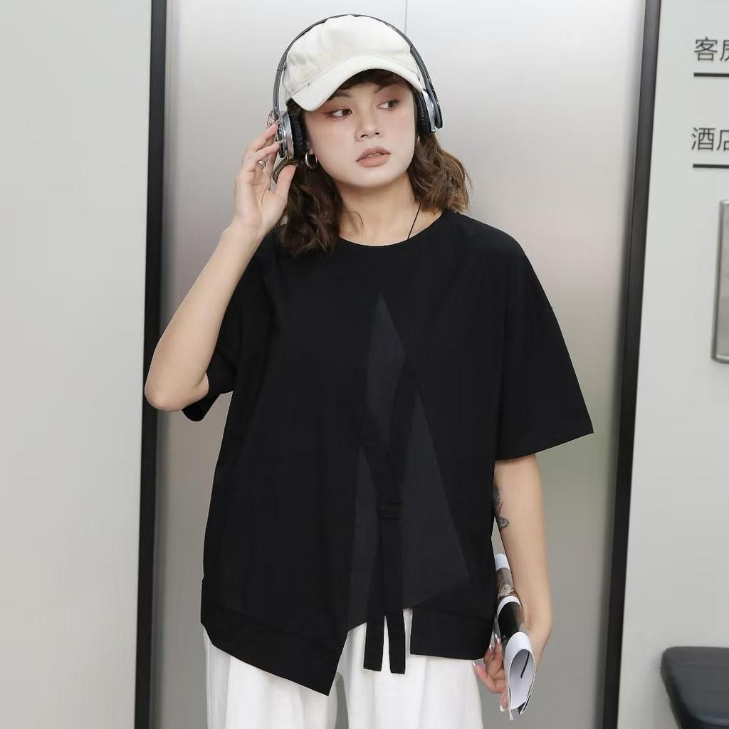 DIMANAF 2025 Summer T-shirt Women Printing Buttons Asymmetrical Short Sleeve Loose