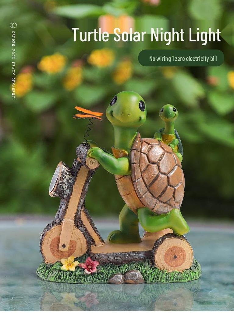 Solar LED Resin Bonsai Turtle On Bicycle Garden Night Light Ornament