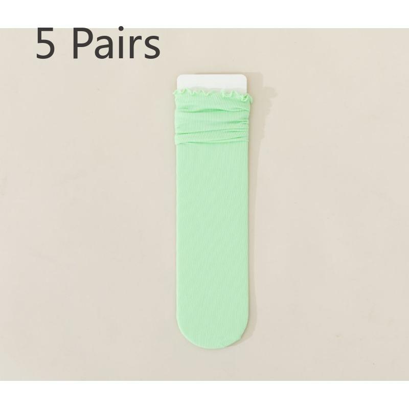 5 pairs of socks women's summer thin mid-calf black and white wooden ear edge solid colour ice ice socks velvet stacking socks