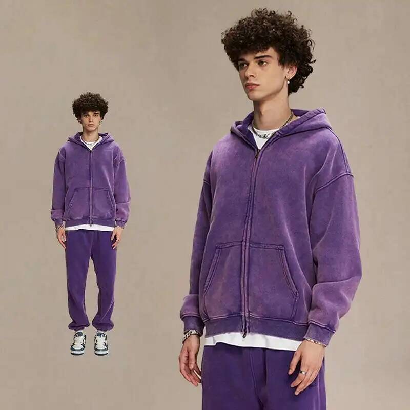 BeatStreet Men's Wear Wax Printing Vintage Male Hoodies Oversized Loose Zipper Water Washed Plush Sweatshirt Trendy New