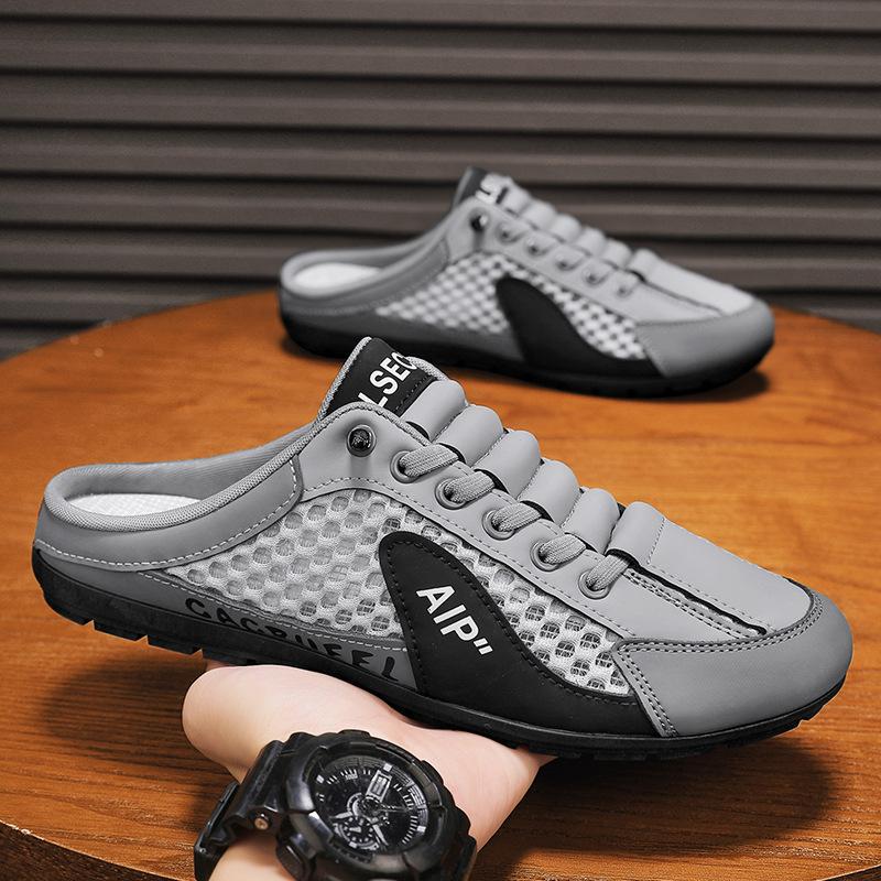 Men's Shoes Summer Breathable Mesh Casual Slippers Deodorant Mesh Shoes Lazy One Pedal Soft Sole Half Drag Men's Board Shoes Trendy Shoes