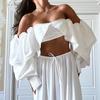 women's Ruffle Lace Trim Square Neck Cropped Top Long Puff Sleeve Tie Back Blouse Shirt