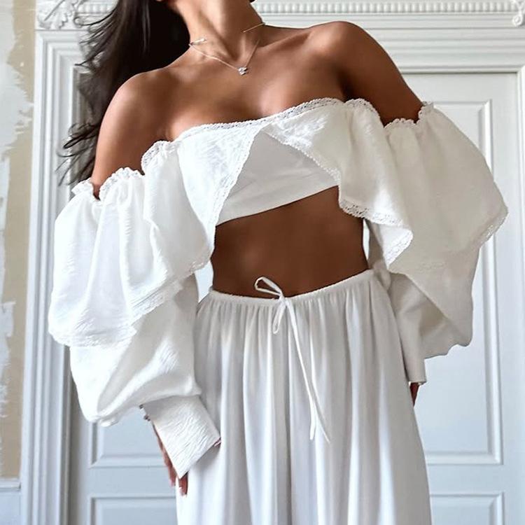 women's Ruffle Lace Trim Square Neck Cropped Top Long Puff Sleeve Tie Back Blouse Shirt