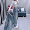 Spring 2026 European Style Plus Size High Waist Rhinestone Denim Pants - Women's Loose, Slimming, Versatile Straight Leg