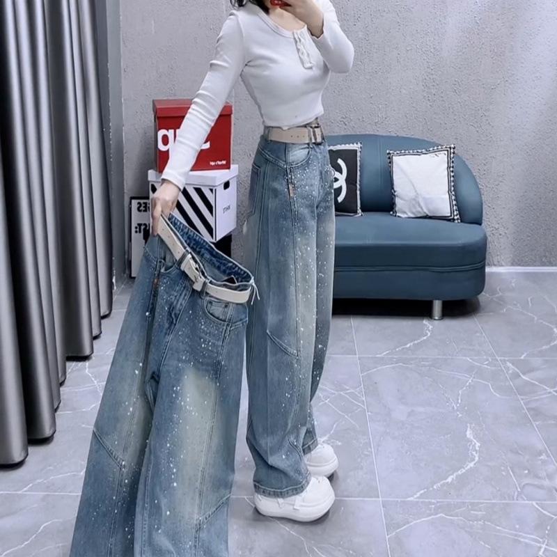 Spring 2026 European Style Plus Size High Waist Rhinestone Denim Pants - Women's Loose, Slimming, Versatile Straight Leg