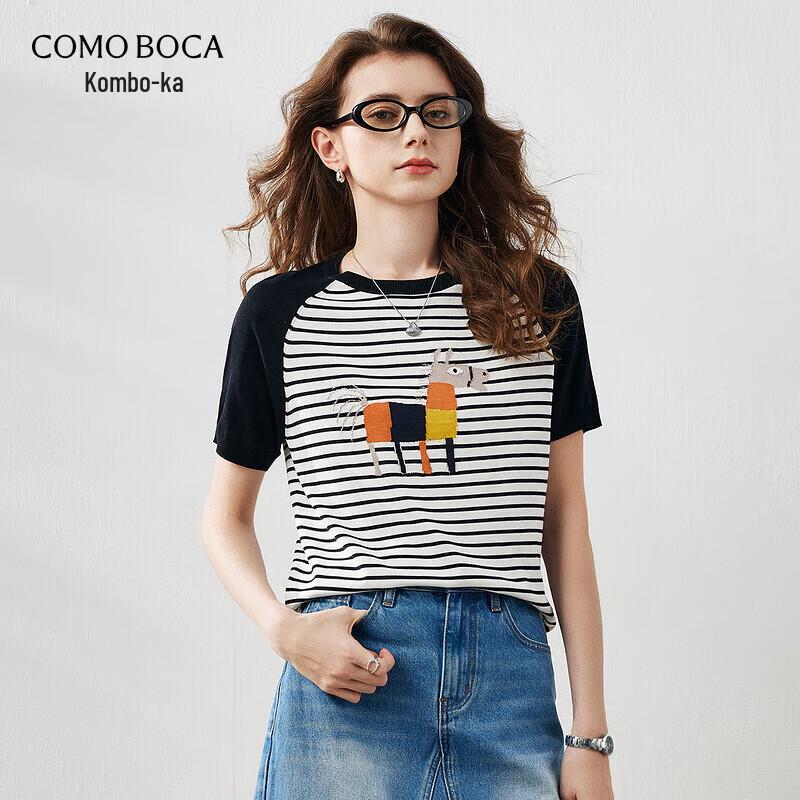 Women s Silk Blend Striped Round Neck Short Sleeve T-Shirt L