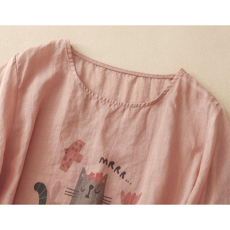 Dimanaf 2025 Women Summer Plus Size Loose T-Shirt Vintage Printing Linen Basic Tops Tees Maxi