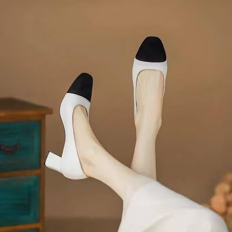 Soft leather color matching small fragrant style thick heel single shoes autumn 2025 French medium heel light mouth ladyshoes fairy French high heels