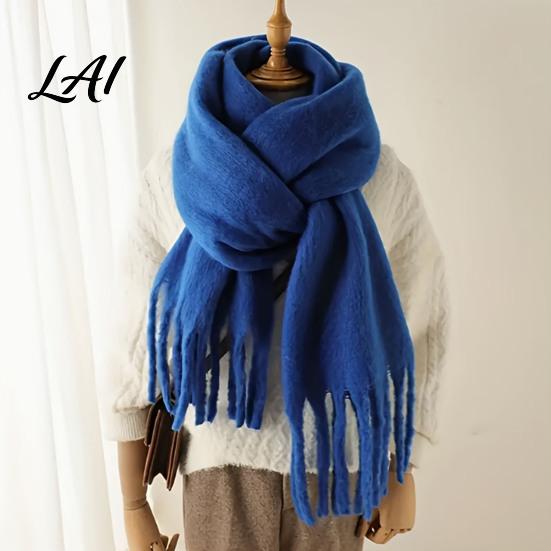 Oversized Cozy Winter Scarf Thickened Imitation Rabbit Velvet with Tassels for Women Solid Color Stylish Long Draped Neck Wrap Warm Shawl,
