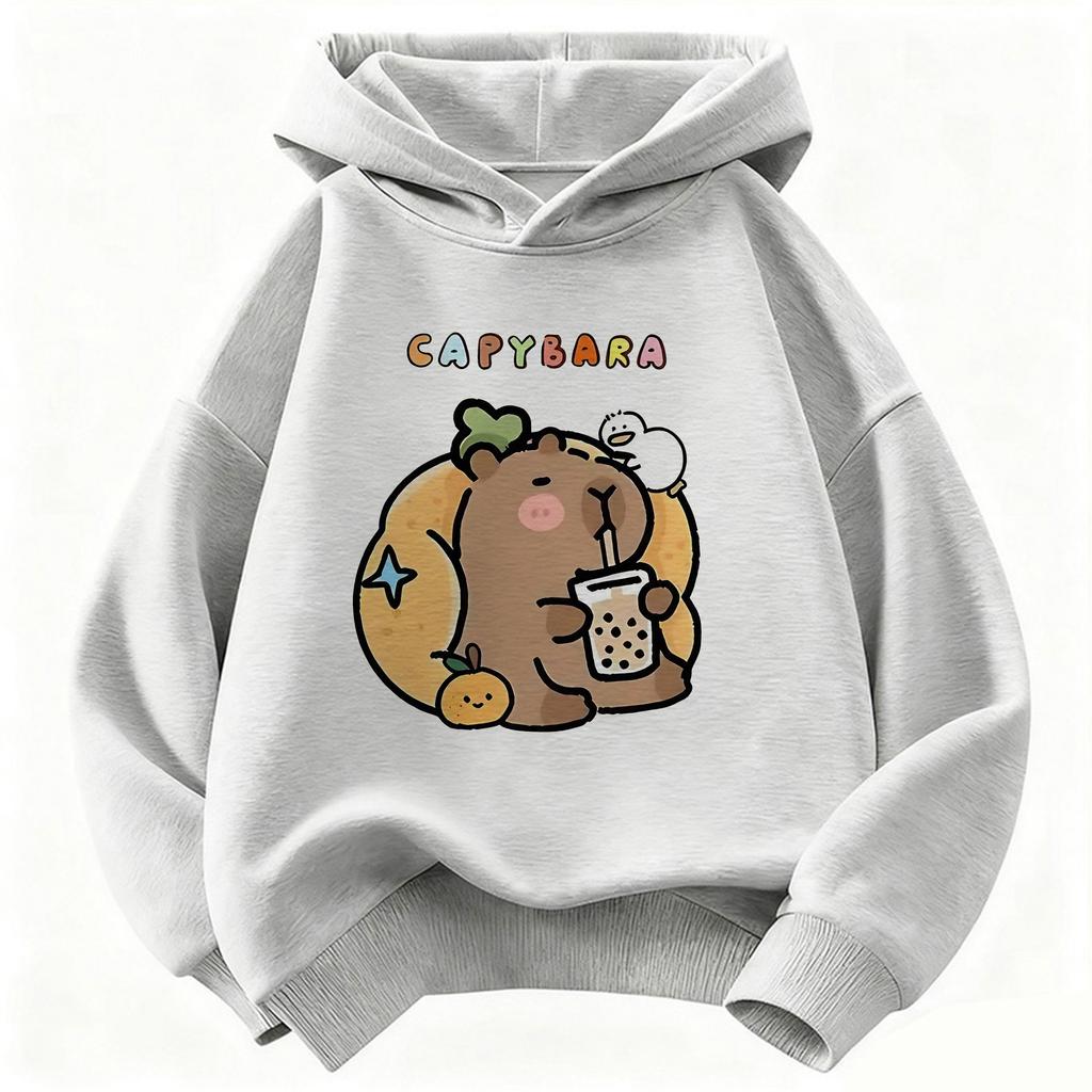 Felpa con cappuccio per bambini Capibara che beve succo Felpa carina Harajuku per ragazzi e ragazze Felpe casual primaverili