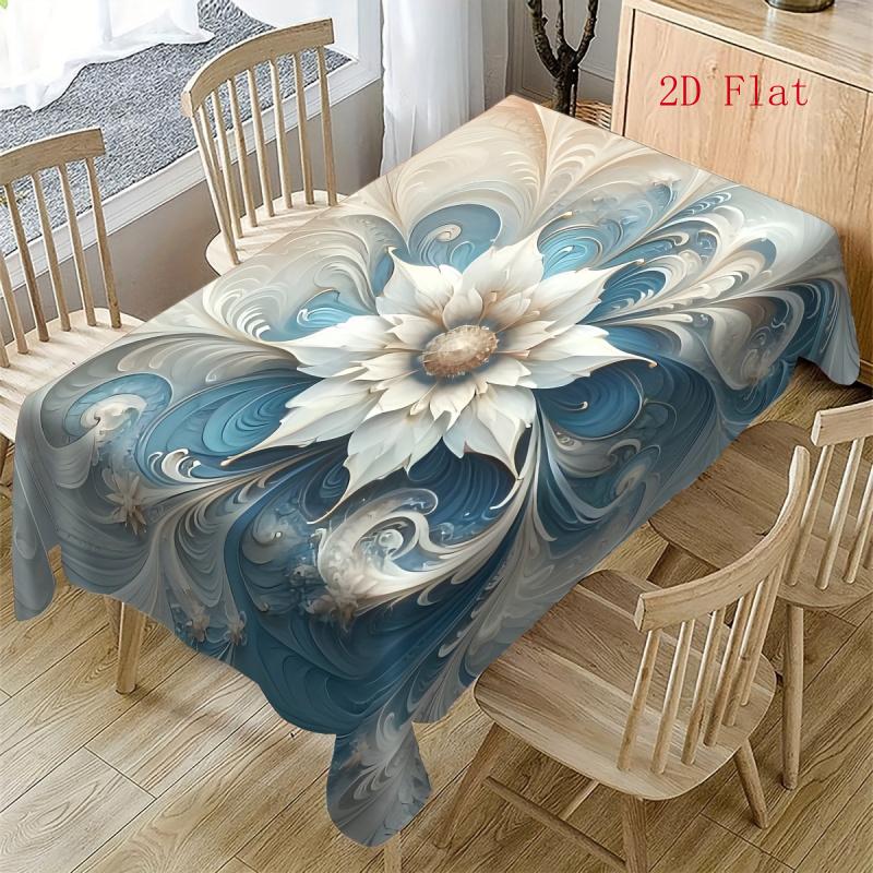 1pc Beige & Blue Watercolor Floral Tablecloth Suitable for Dining Room, Kitchen, Picnic - Vintage Rectangular Table Cover with Elegant Watercolor Flow