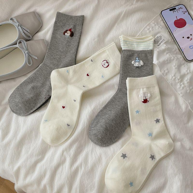 Women's Fall Fashion New Embroidered Dog Boneless Mid Tube Cotton Socks