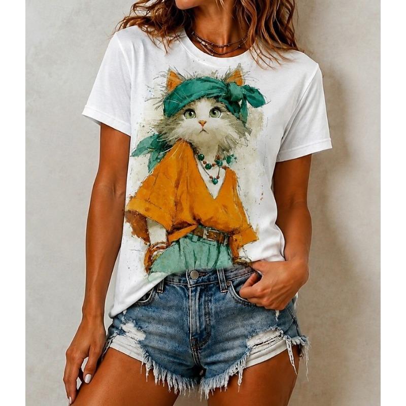 Women's T Shirt Print Graphic Animal Vintage Stylish Classic Short Sleeve Crew Neck Regular Tops Daily Weekend Black White Gold Summer Spring Fall