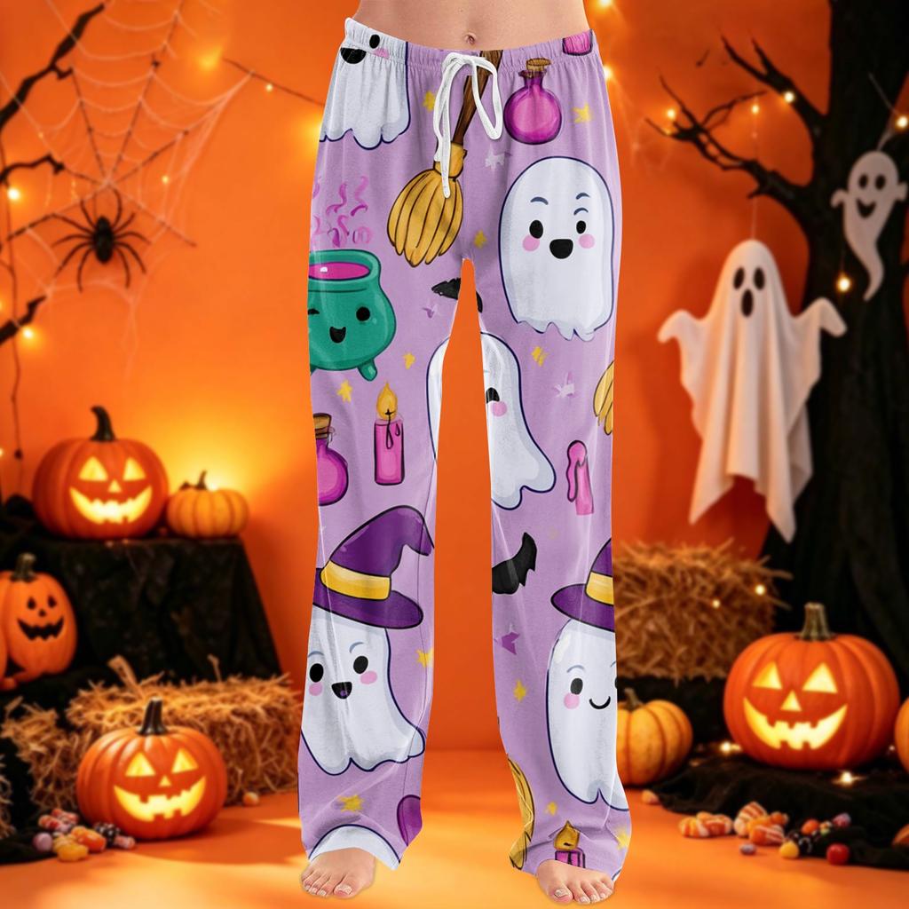 Women's Drawstring Halloween Print Pajama Pants for Sleep and