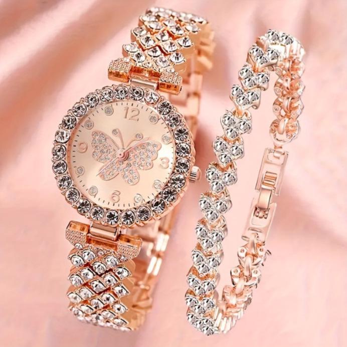 Fashion Roman Numeral Women's Watch & Bracelet Set with Diamond Inlay