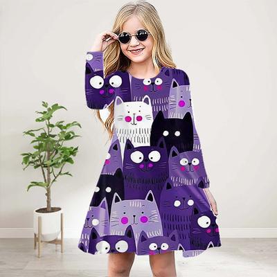 Dievča Neformálne 3D tlač Celá obrazovka Mačka Šaty s okrúhlym výstrihom a dlhým rukávom Šaty pre detskú princeznú