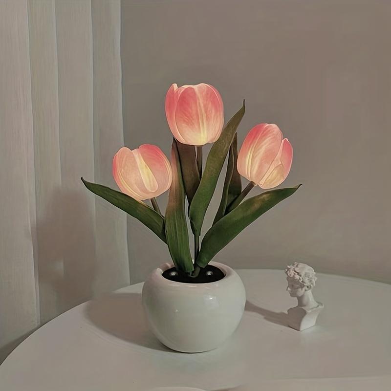 1pc Tulips Flower Night Light For Room Decor LED Charging Flower Potted Night Light Cute Small Tulips Bedside Lamp