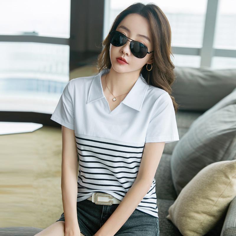 Women s 2025 Summer Korean Style Striped Patchwork Lapel T-shirt - Short Sleeve, Slimming Design. S (below 95 jin)