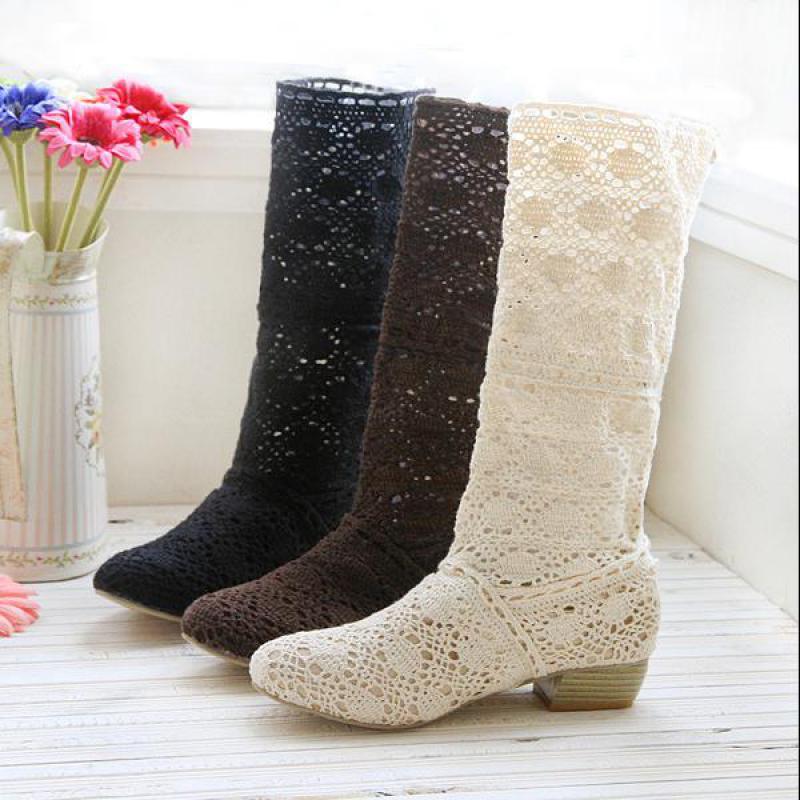 34-43 Women Hollow Boots Breathable Shoes Summer Female Knee High Botas Mesh Knit Line Flats Slip-On Solid Color Ankle Footwear