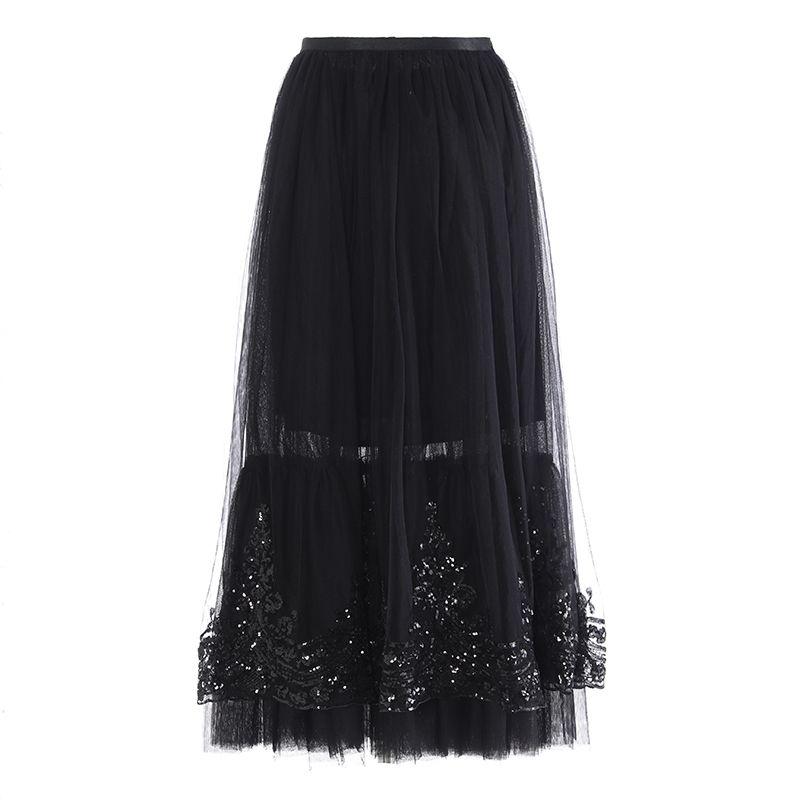 

Beautiful Skirt Fancy Elegant Winter 2024 Autumn New Arrival Heavy Embroidery Sequins Mesh Black High Waist Long Skirt Black S