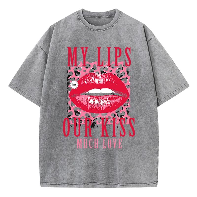 Cotton Womens Acid Wash T-Shirts My Lips Our Kiss Letter Printing Tee Shirts Comfortable Oversized Tops Street Clothes