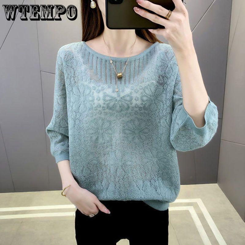 Hollow Knit T-shirt for Women Spring and Summer Round Neck Knit Sweater Loose Top for Women