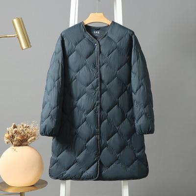 2024 Winter New Light Down Jacket Women's Medium and Long V-neck Rhombus 90 White Duck Down Light Slim Jacket