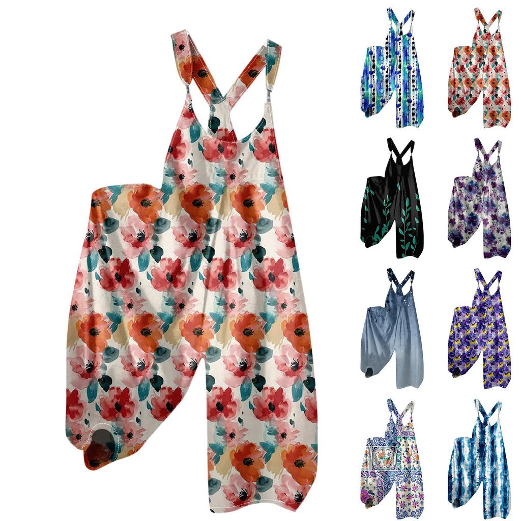Dámské letní overaly s květinovým potiskem, vintage kombinéza (Nenastavitelné popruhy)