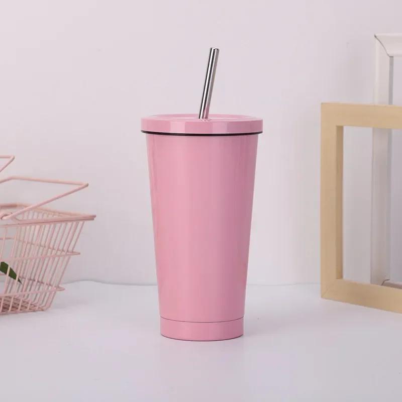 

500 мл нержавеющая сталь вакуумная трубочка кружка для сока кофе кружка с крышкой портативная двухслойная изоляционная бутылка для домашнего питья розовый
